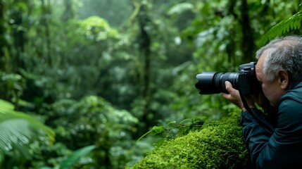 Fototapeta premium Man Capturing Nature's Beauty in Jungle