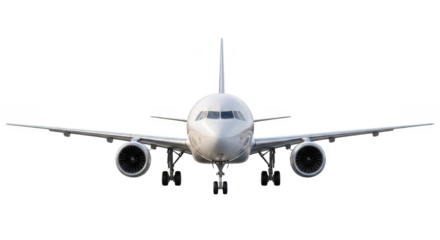 Front view of a modern passenger airplane isolated on transparent background