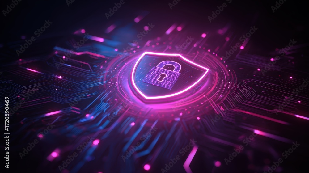 Poster digital security concept with bright shield and lock on circuit board background in vibrant colors