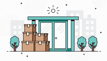 Delivery boxes stacked in front of a modern house with trees, minimalist design  