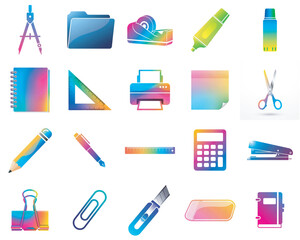 Modern gradient stationery and office icon set with 20 essential school business and work tools