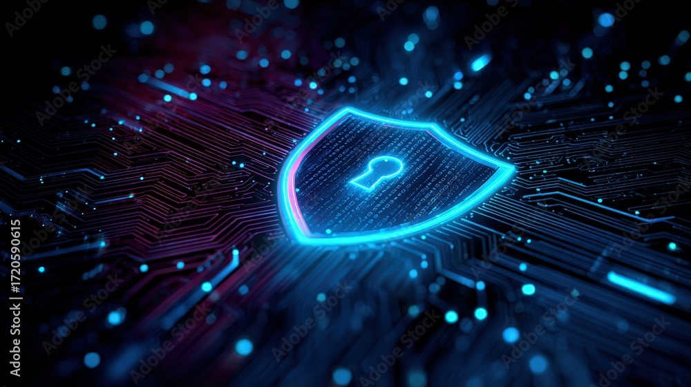 Poster cybersecurity background with digital shield and keyhole illustrating data protection concept