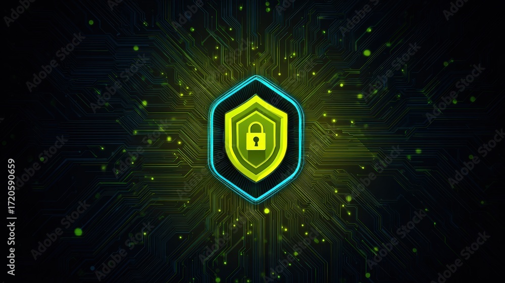 Poster futuristic digital shield with lock symbol on a circuit background to represent cybersecurity protec