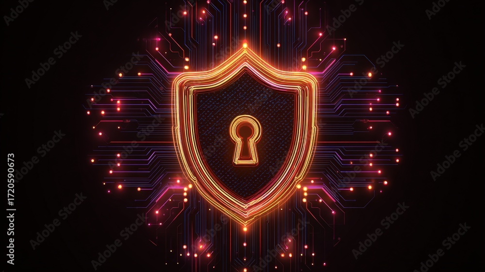 Aufkleber digital shield symbol with keyhole surrounded by colorful circuit patterns and glowing lights for te