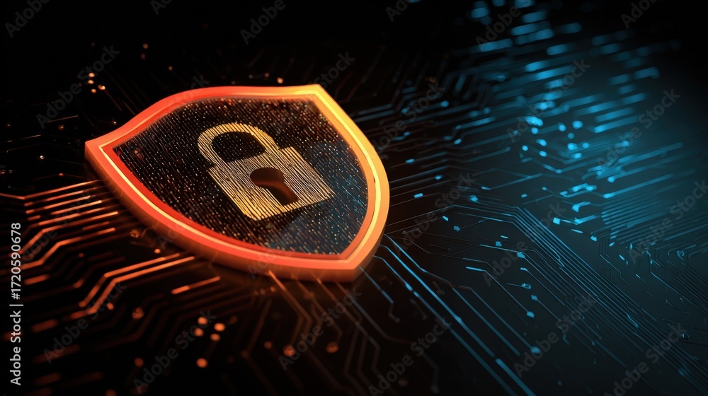 Poster digital security shield with lock symbol on technology background representing cyber protection conc
