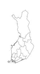 A precise black outline map of Finland, showcasing its administrative divisions.