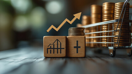 Illustration of a financial and investment concept, featuring a product sale, a coin cart icon, and an upward graph.