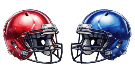 Two american football helmets isolated on transparent background facing each other