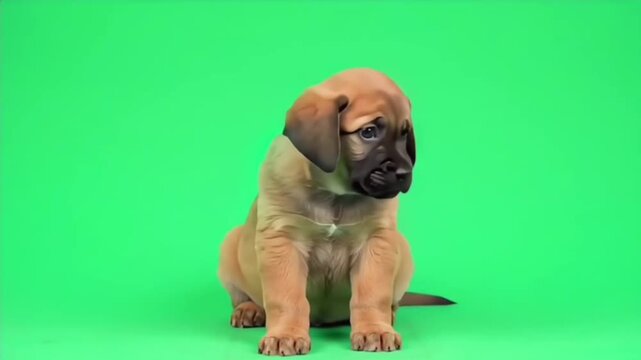 Adorable little brown puppy with a dark muzzle sitting patiently on a vibrant green screen background, looking down with a cute and pensive expression