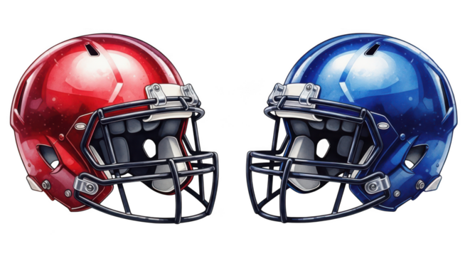 Two american football helmets isolated on transparent background facing each other - Powered by Adobe
