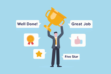 Man holding up a golden trophy with speech bubbles showing appreciation and achievement symbols