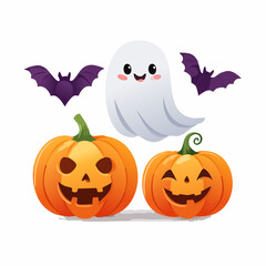 A charming collection of Halloween cartoon characters featuring a friendly ghost, smiling jack-o'-lanterns, and purple bats on an isolated background