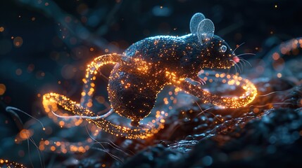 Two glowing DNA strands forming a tiny luminous mouse silhouette, representing genetic innovation.

