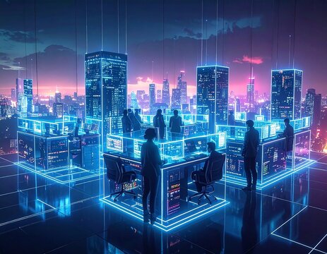 Futuristic cyber security team working in neon city office, protecting data with modern technology, digital transformation and innovation for business - Powered by Adobe