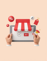 3D illustration of an online shopping icon, marketing products, with a shopping cart and discount sign.