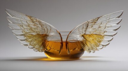 Glass bowl filled with golden liquid, accented by delicate, stylized clear wings on either side, on a plain white background