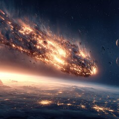 Fiery asteroid hurtles through the atmosphere towards Earth, viewed from space, with city lights visible