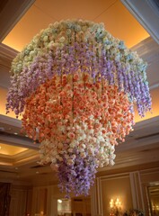 Cascading floral display, a colorful arrangement of flowers hanging from the ceiling, creating an elegant and visually stunning spectacle