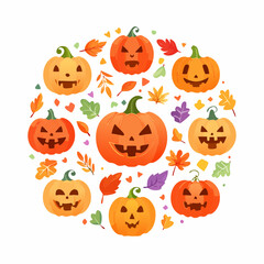 Happy Halloween circle design with carved pumpkins and autumn leaves