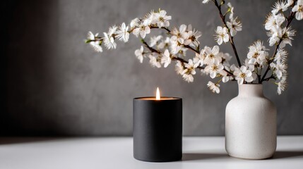 Blooming branches in a vase beside a lit black candle set against a textured gray background on a plain white surface