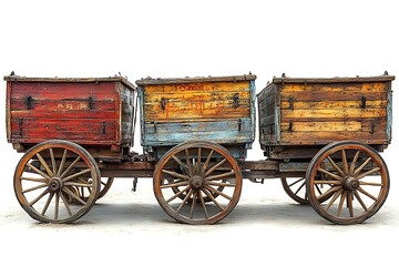 Fototapeta premium Vintage Conestoga Wagon Train, Wooden Cargo Boxes and Big Wheels on White Background