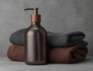 Matte brown bottle w/ pump sits atop folded brown and gray towels. Minimalist, simple design on textured gray background