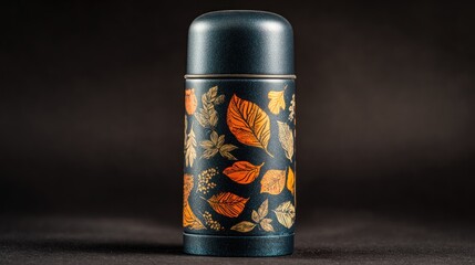 Dark cyan cylindrical thermos with warm-toned leaf designs against a solid dark backdrop, soft lighting, and centered composition