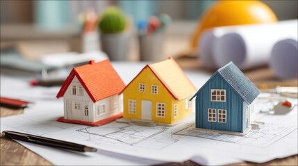 Three miniature model houses atop an architectural blueprint, with pens, a plant, and a hard hat subtly blurred in the background