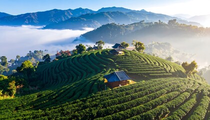 Tea Plantation on a Hill with Fog with Scenic Landscape, and Houses and Mountain Views.