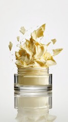 Close up studio shot of open jar, yellow substance overflowing and scattering upward, against a plain light background, creating artistic effect