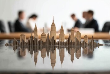 A miniature wooden skyline is displayed against a blurred backdrop of a business meeting, reflecting on a glossy surface