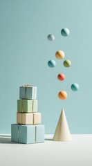 Stacked pastel gift boxes with ribbon, beside a cone and levitating colorful balls, against a light blue backdrop