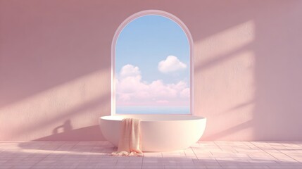 Pale pink bathroom with a tub by a window showing a cloud-filled sky with peeks of ocean. Sunlight creates shadows