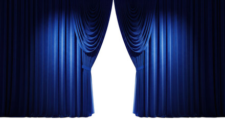 Open blue velvet curtains on a stage isolated on transparent background