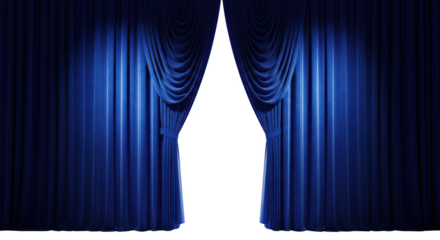 Open blue velvet curtains on a stage isolated on transparent background