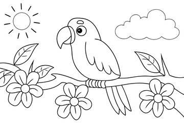 Cartoon Parrot Sitting on a Branch with Flowers Sun and Cloud Outline bird drawing