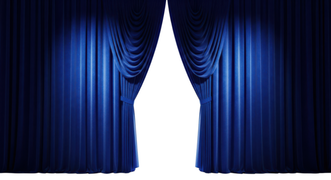 Open blue velvet curtains on a stage isolated on transparent background