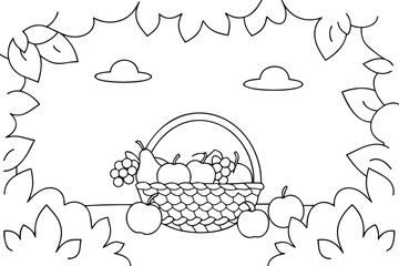 Outline Drawing of a Fruit Basket Surrounded by Leaves Keywords: fruit, basket, apples, pears, grapes, drawing, illustration, outline, simple