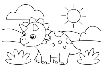 Cute Cartoon Dinosaur Outline with Sun and Hills Keywords: dinosaur, triceratops, cartoon, cute, outline, drawing, illustration, sun, sky, hills
