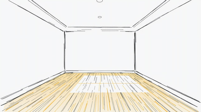 High-resolution photograph of an empty room, depicted as a hand-drawn sketch in color sketchnote style, viewed from a high-angle perspective