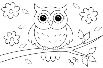 Whimsical cartoon owl with big eyes on a branch line art bird animal
