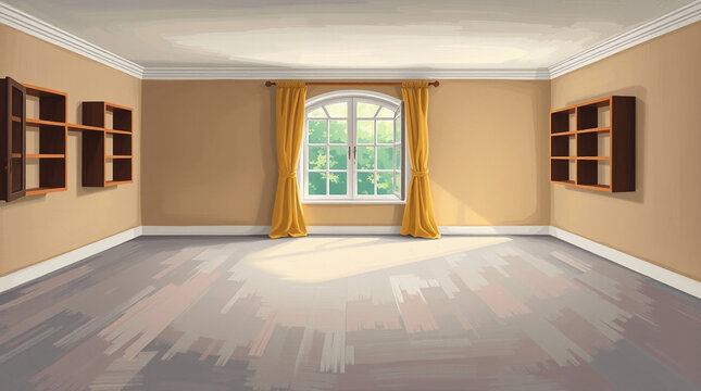 High-resolution photograph of an empty room, rendered in a bold acrylic painting style, with adorable and charming features and vibrant colors, textured brushstrokes