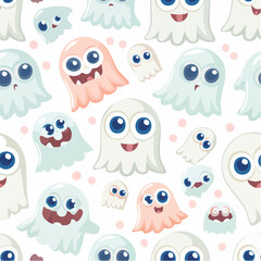 Whimsical seamless background with a charming group of cute, smiling ghosts. A cheerful and fun spooky fantasy pattern perfect for Halloween celebrations and children's designs
