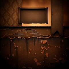 Aged, damaged brick wall and scrolls, evoking a somber, dusty atmosphere with deep brown tones and peeling paint.