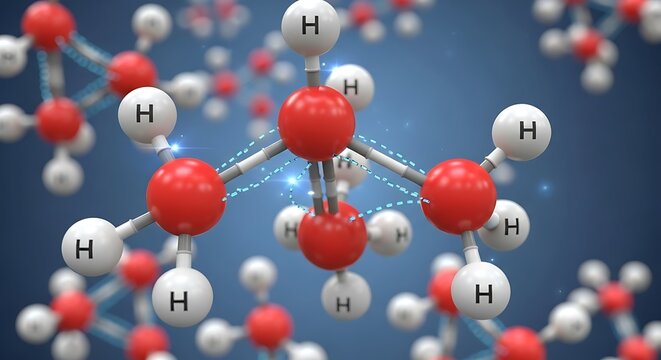A detailed 3D model of water molecules, showcasing their structure and connections, against a deep blue backdrop.