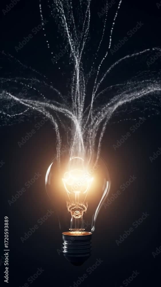 Poster illuminated lightbulb with sparkling streamers on dark background demonstrating brightness and innov