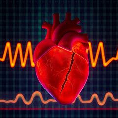 Human heart on an ECG graph background, glowing bioluminescent colors, natural light effects, vibrant glow, adorable and cute, charming features