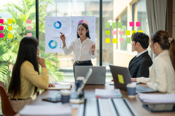 Asian businesswoman leading meeting, presenting charts and statistics to colleagues