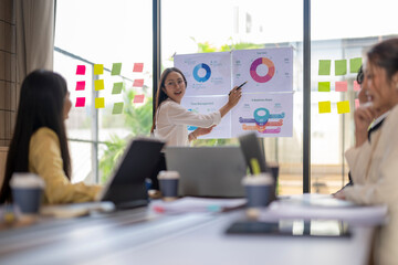 Asian businesswomen using sticky notes and charts during a presentation in the office