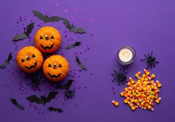 Halloween scene with pumpkins, bats, spiders, candy, and a candle on purple